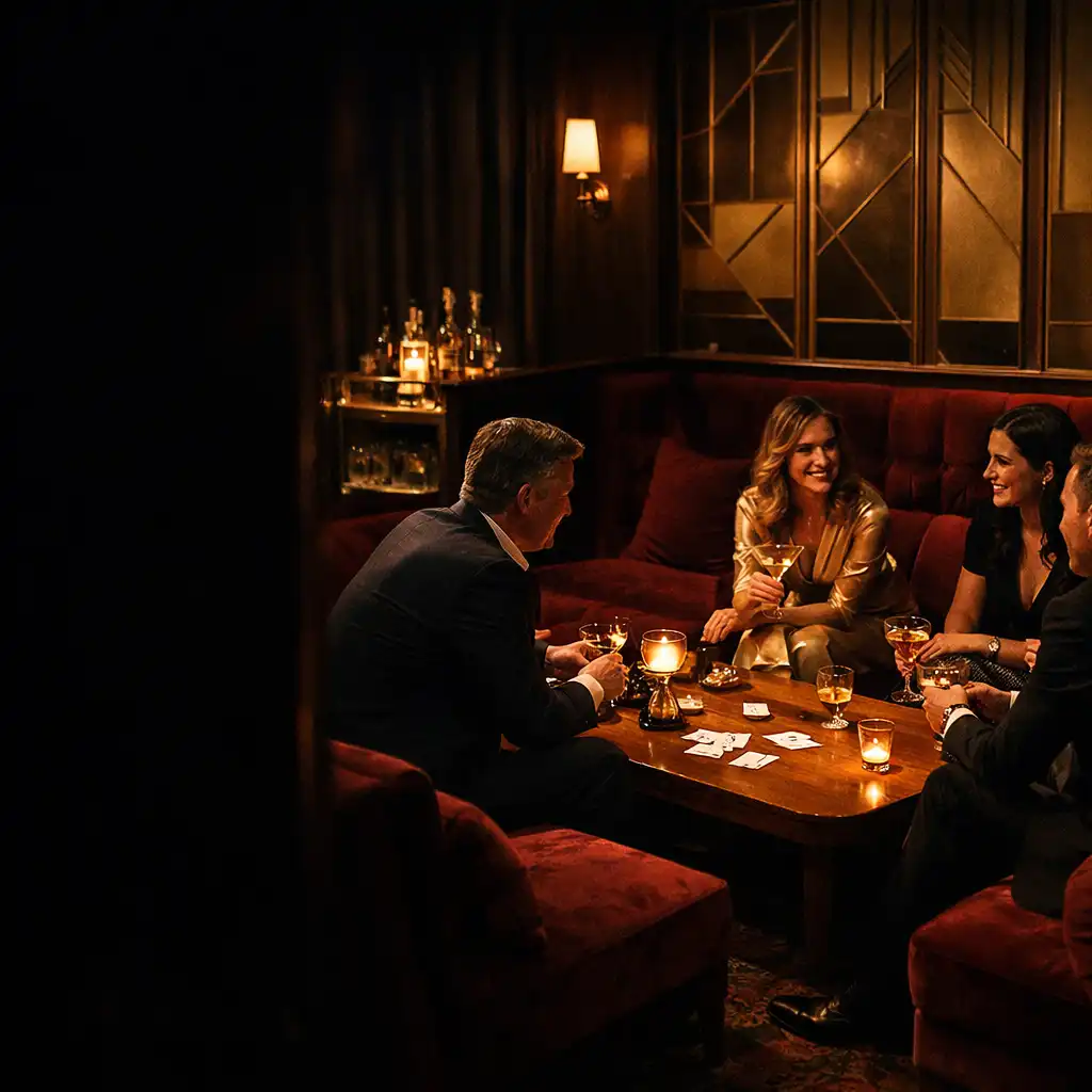 Convives réunis autour d’une table basse dans le Card Lounge, sous une lumière chaude.
