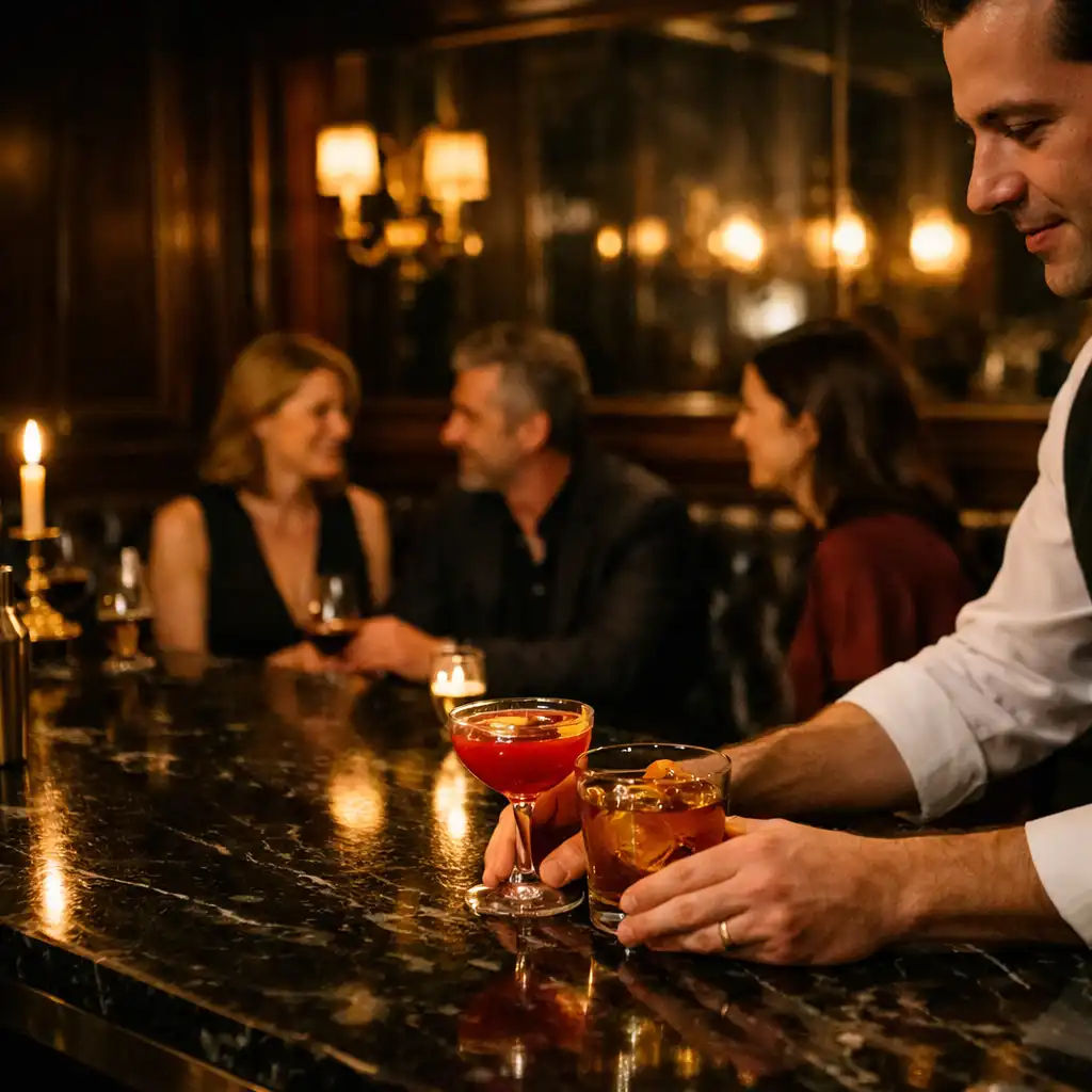 Serveur déposant des cocktails au bar pendant que des convives conversent dans le Lounge.