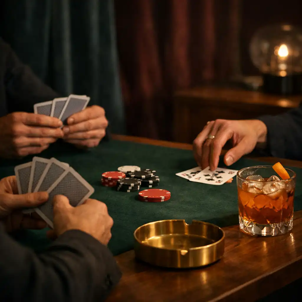 Mains réunies autour d’une table de cartes en feutre vert, avec un verre et des cartes posées.