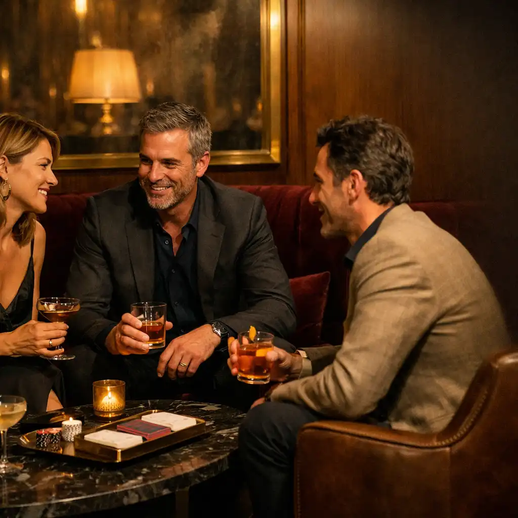 Trois personnes discutant dans le Card Lounge, autour de cocktails et de cartes rangées dans un salon chaleureux.