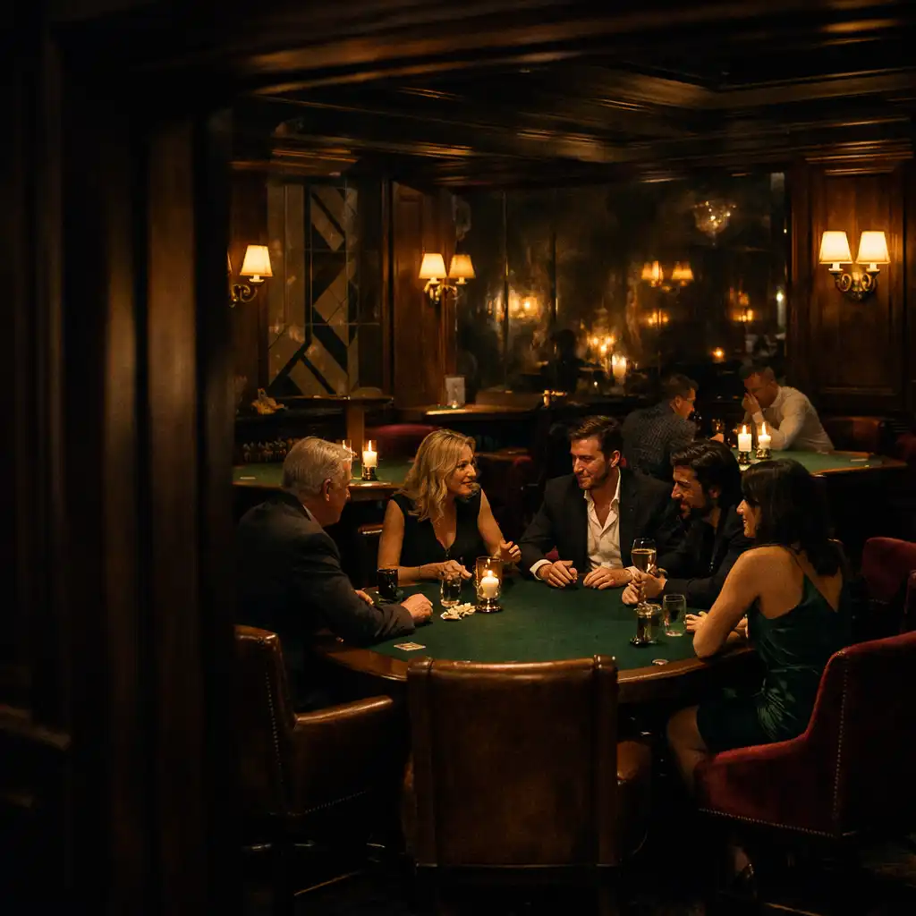 Plusieurs tables de poker en feutre vert dans le Card Room de Salon Rivoli, entourées de boiseries et de lumières chaudes.