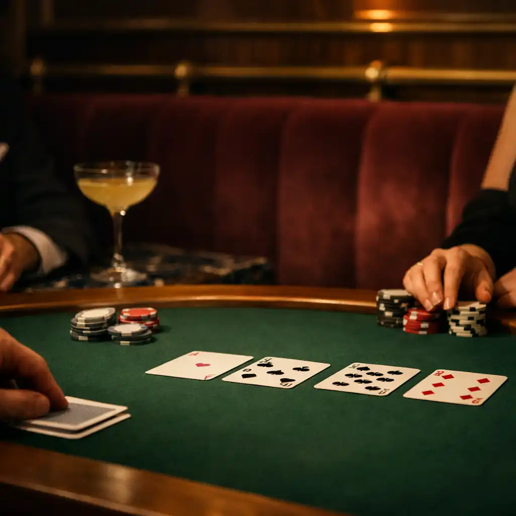 Détail d'une table de poker en feutre vert avec bord en noyer, cartes et mains de convives dans une ambiance de soirée.