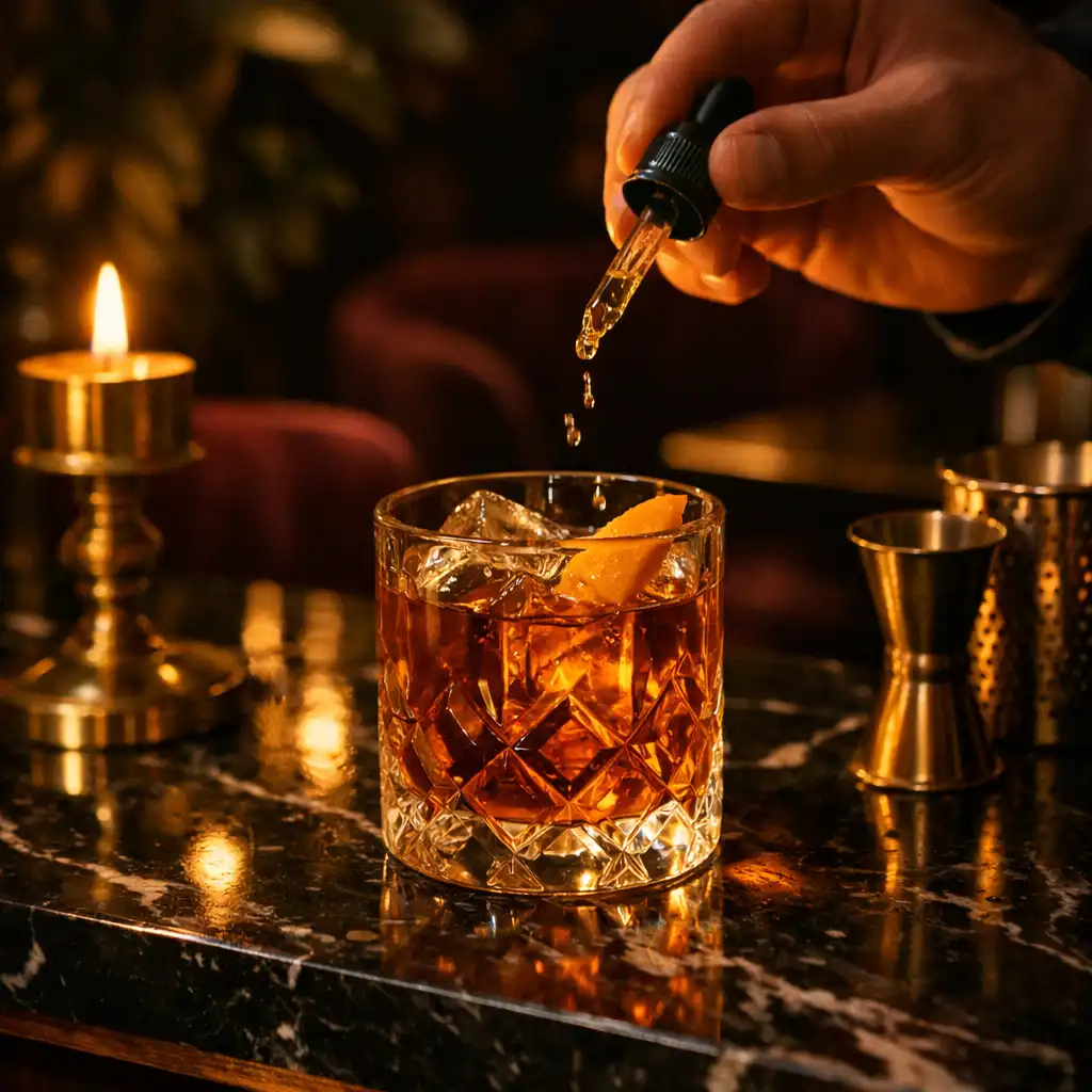 Cocktail ambré en préparation sur un comptoir de marbre sombre