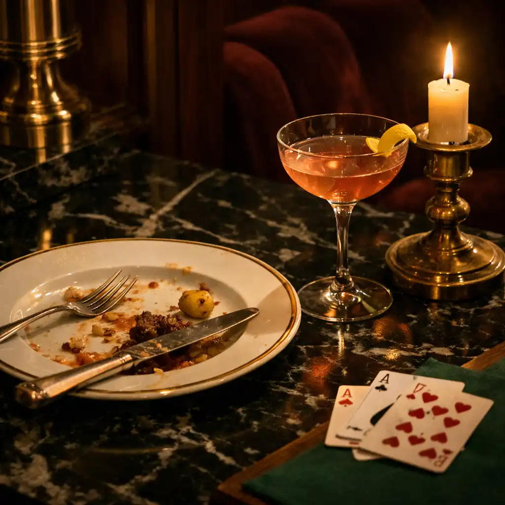 Assiette de fin de dîner, verre et quelques cartes près d’un tapis vert