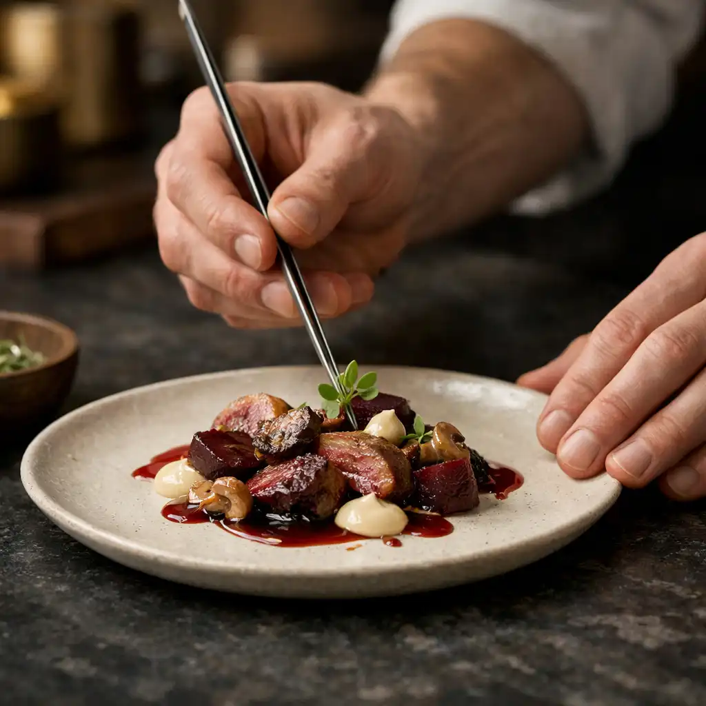 Mains d’un cuisinier dressant une assiette sur un plan de travail sombre