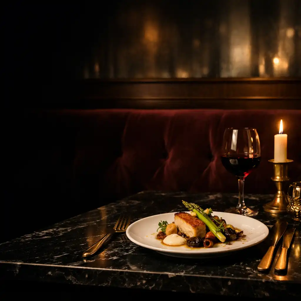 Assiette raffinée, verre et bougie sur une table de marbre noir dans une ambiance de salon nocturne