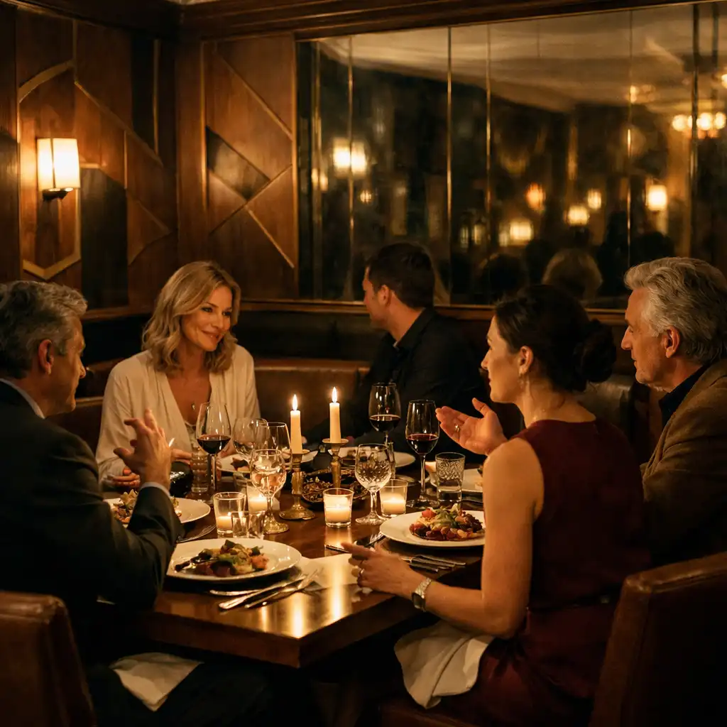Petit groupe réuni autour d’une table éclairée dans un salon parisien