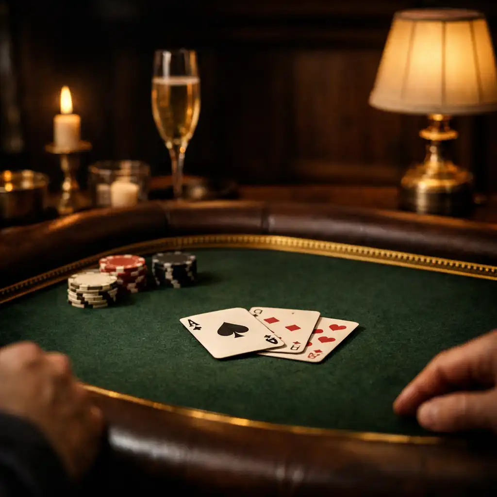 Détail de feutre vert, rebord en cuir et cartes sur une table de poker