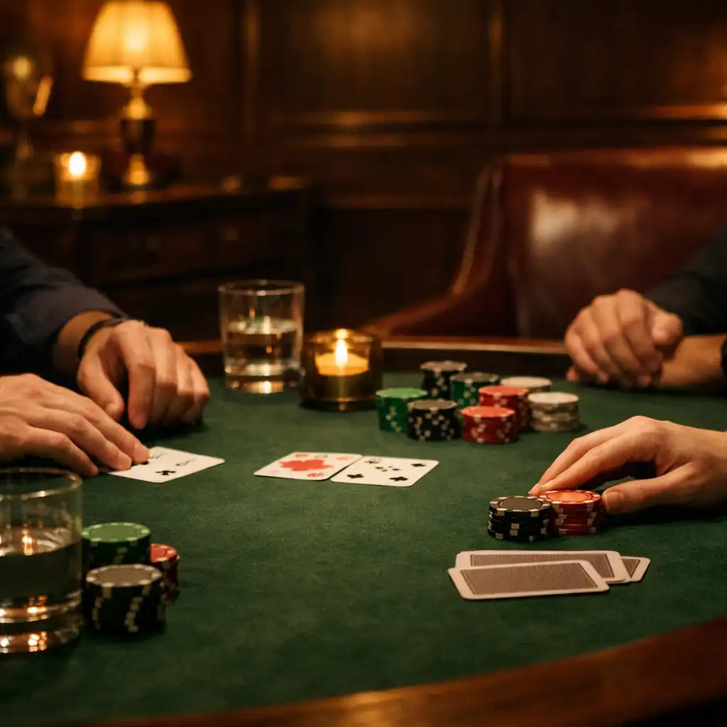 Mains attentives autour de cartes sur une table de feutre vert.