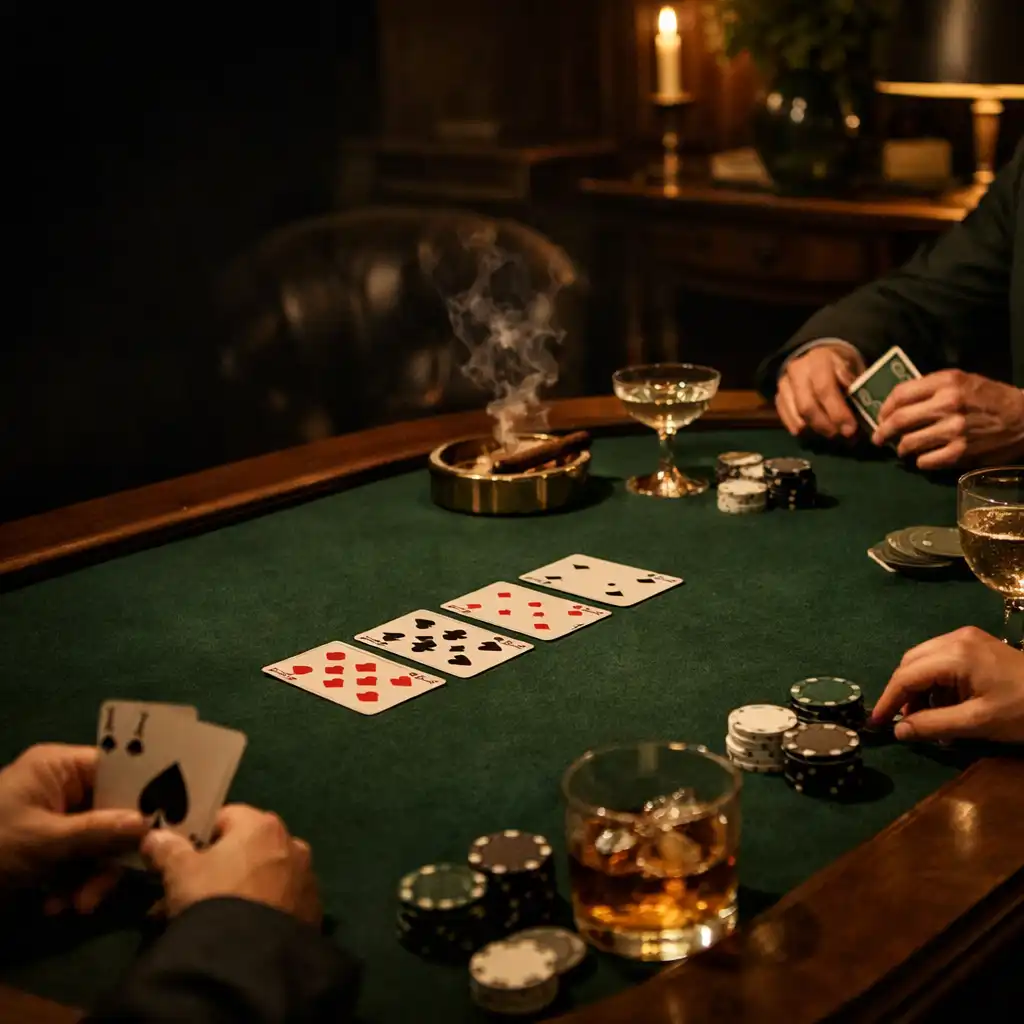 Table de poker hors ligne en feutre vert, mains de convives et lumière chaude dans un salon.