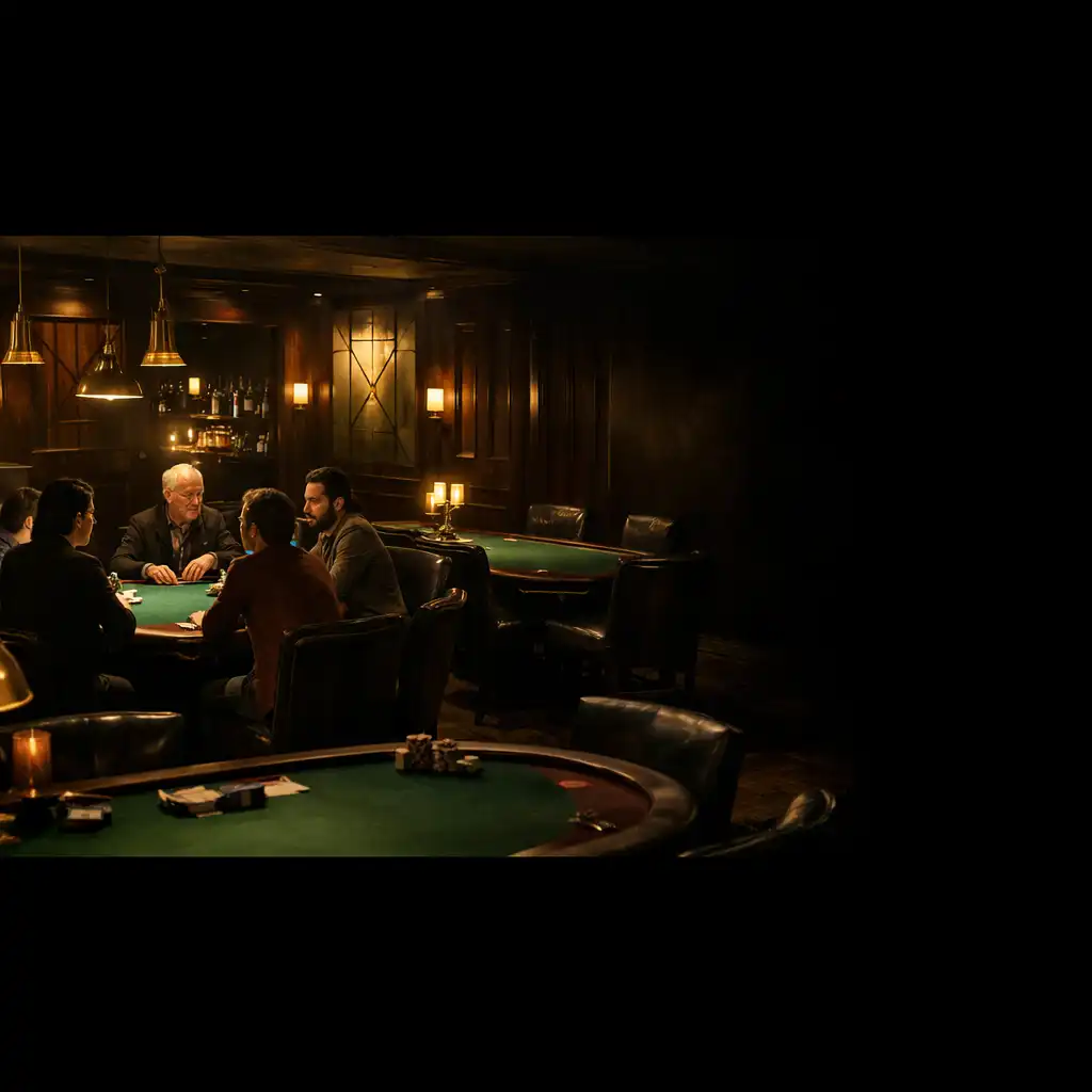 Card Room élégant de Salon Rivoli avec tables de poker en feutre vert, boiseries et lumière chaude.
