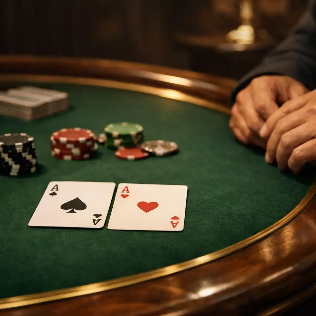 Cartes et mains posées sur une table de poker en feutre vert avec bord en noyer et liseré de laiton.