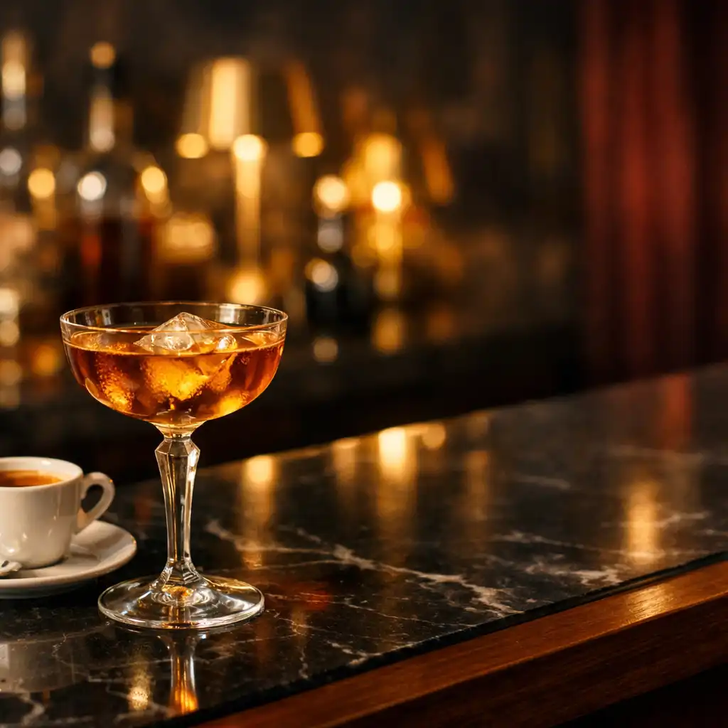 Cocktail ambré et café sur un comptoir en noyer et marbre noir