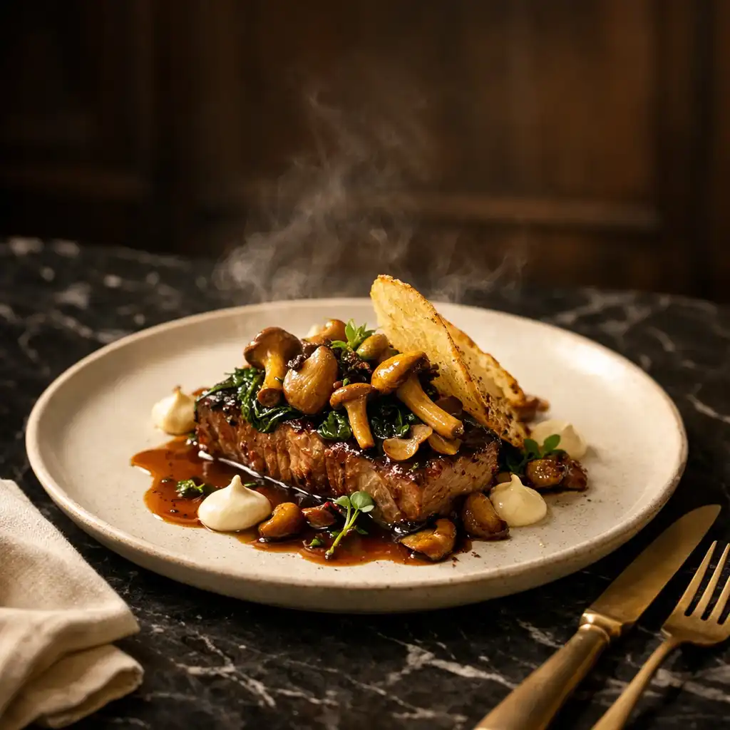 Assiette de cuisine française contemporaine sur marbre noir avec couverts en laiton