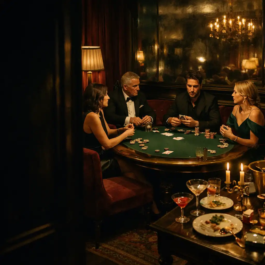 Salon parisien après le dîner, avec une table de poker au feutre vert éclairée par des bougies.