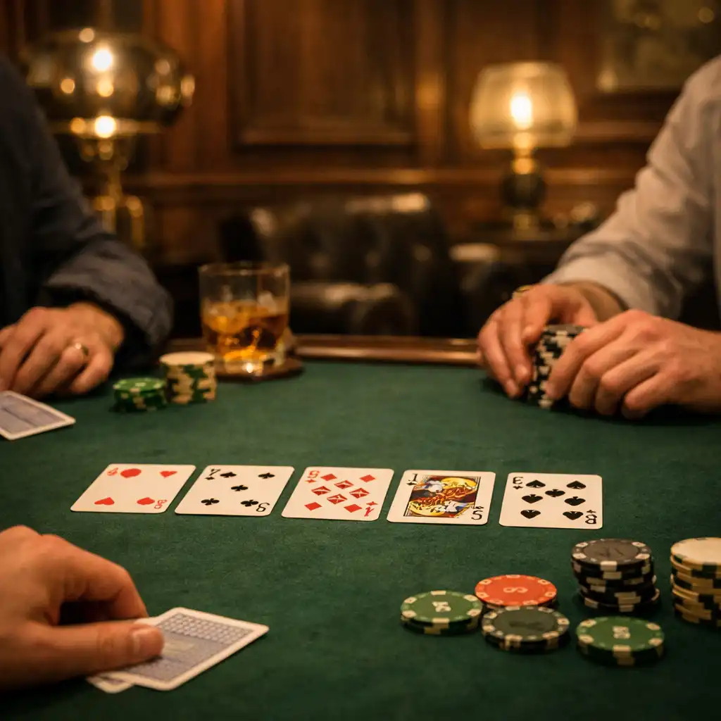 Mains de convives autour d’une table de poker en feutre vert dans un salon privé.