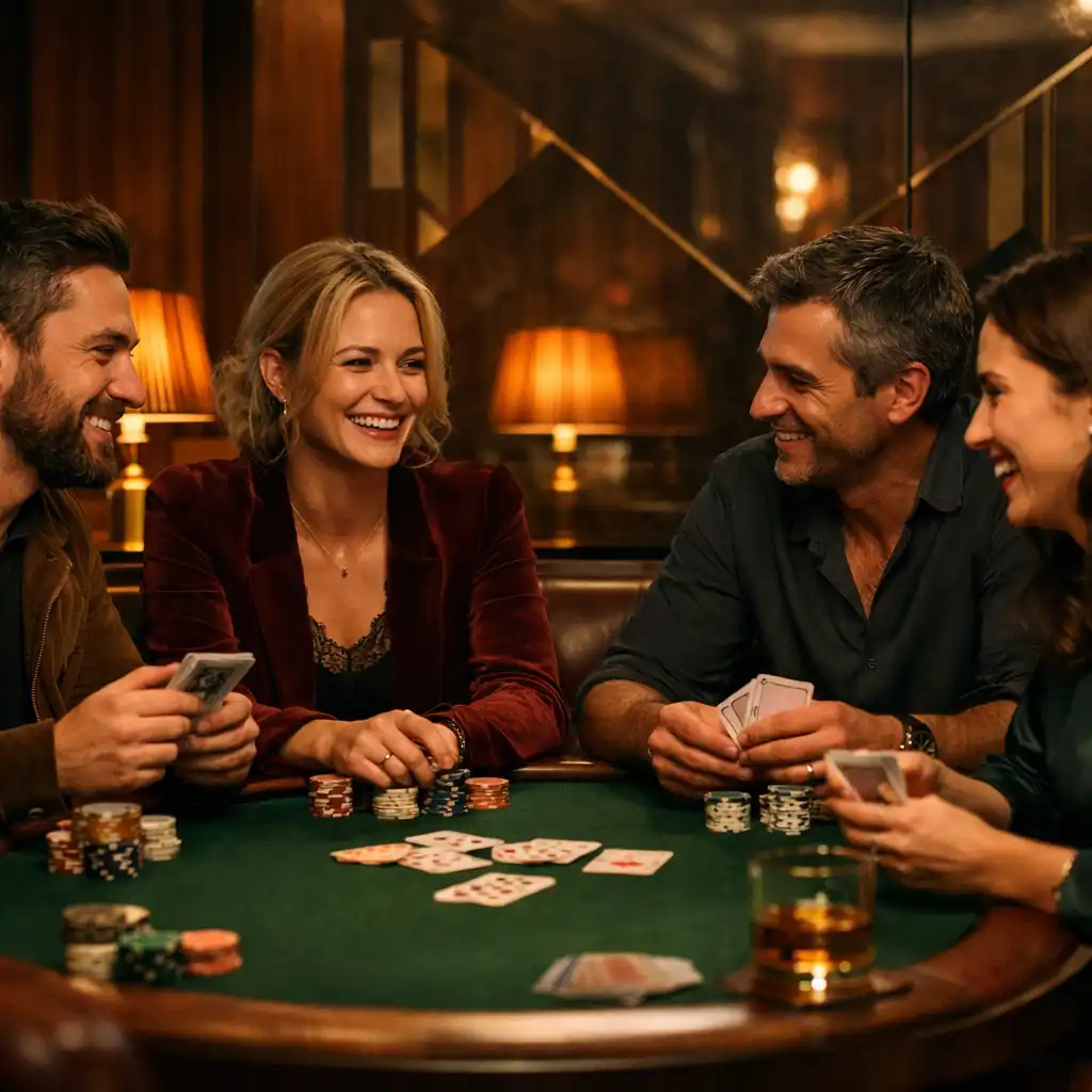Amis réunis autour d’une table de poker dans le Card Lounge