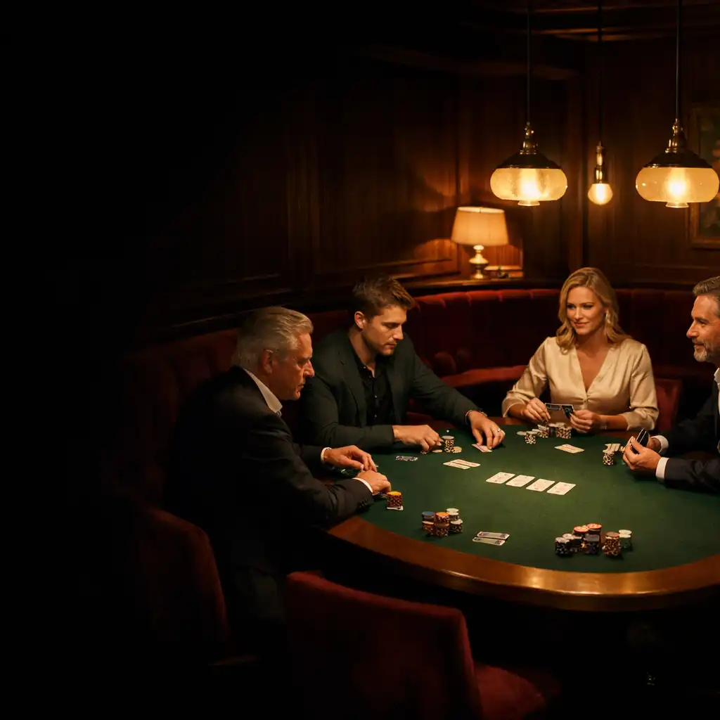 Table de poker en feutre vert dans un salon parisien nocturne